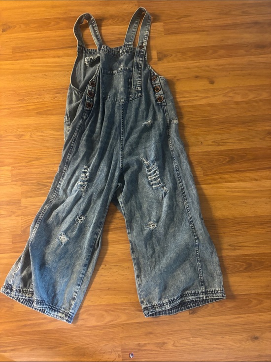 Easel Los Angeles Pants - Easel Los Angeles Distressed Blue Denim Wide-Leg Overalls Jumpsuit